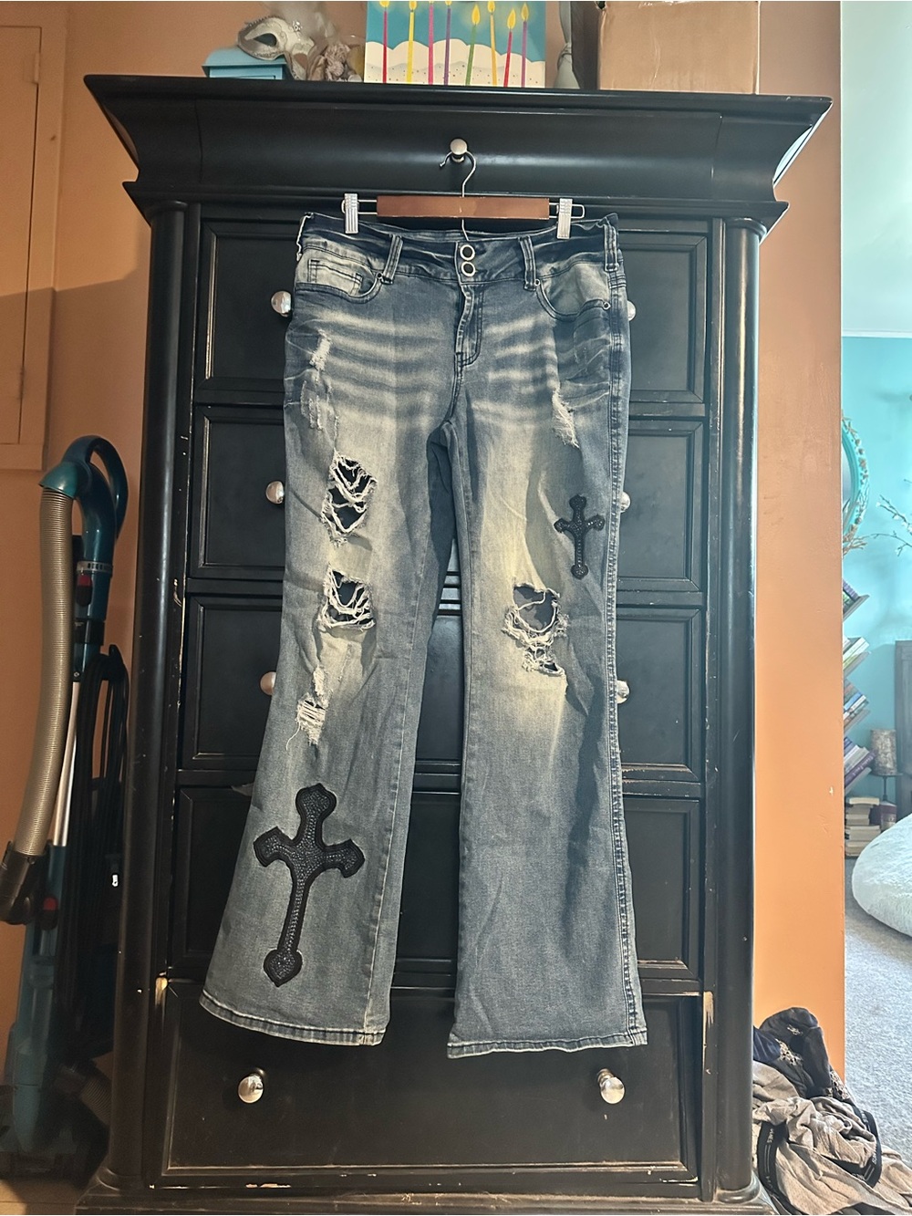 Women's Distressed Flare Jeans with Cross Appliqués — Blue